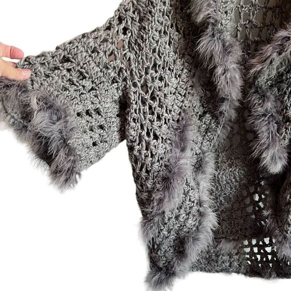 Laseine Crochet Faux Fur Trim Open Front Cardigan Vest Gray Large - Picture 4 of 6